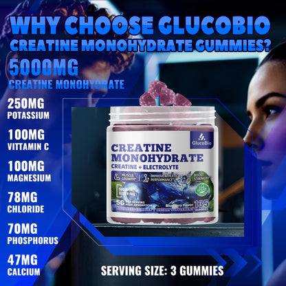 GlucoBio Creatine Monohydrate Gummies (5g) – Pre-Workout Energy & Muscle Growth Support for Men & Women GlucoBio