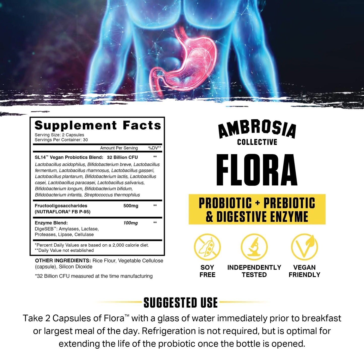 Ambrosia Flora Digestive Enzymes with Probiotics & Prebiotics | 32 Billion CFU Gut Health Supplement | Plant Based, Vegan Probiotic | 60 Veggie Capsules (30 Servings) Ambrosia