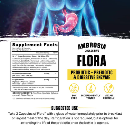 Ambrosia Flora Digestive Enzymes with Probiotics & Prebiotics | 32 Billion CFU Gut Health Supplement | Plant Based, Vegan Probiotic | 60 Veggie Capsules (30 Servings) Ambrosia