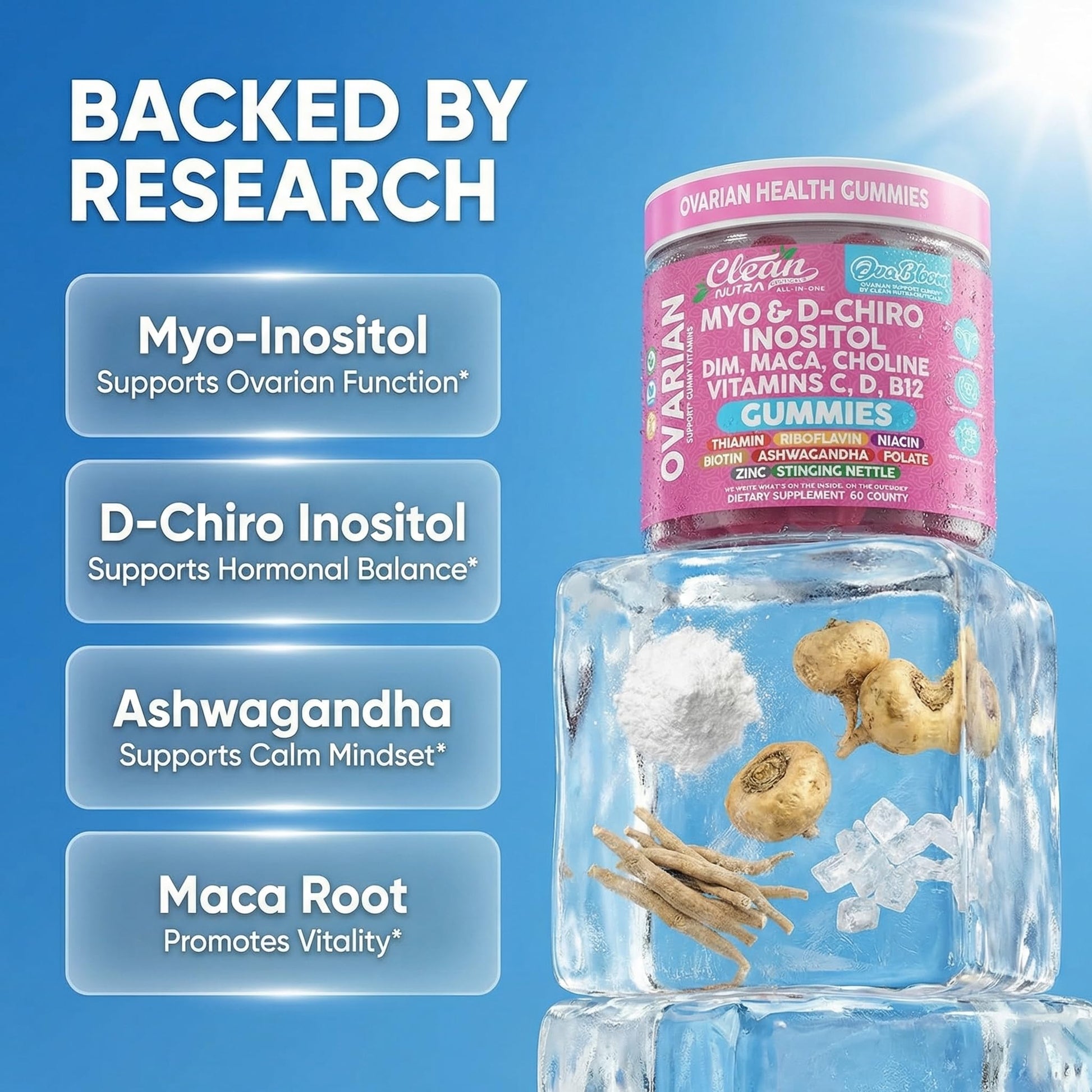OVA Bloom Ovarian Support Gummies Myo Inositol D-Chiro Inositol Choline Flax Biotin Riboflavin Thiamin Niacin Ashwagandha DIM Maca Root Vitamin C D3 B12 Zinc 60 Count By Clean Nutra Clean Nutraceuticals buy australia supplements