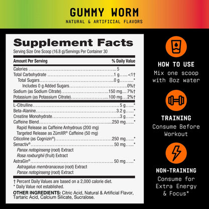 BEYOND RAW LIT V2 Clinical Strength Pre Workout Powder, Hits Harder, Bigger Pumps, Caffeine, L-Citrulline, Creatine, Gummy Worm, 30 Servings BEYOND RAW