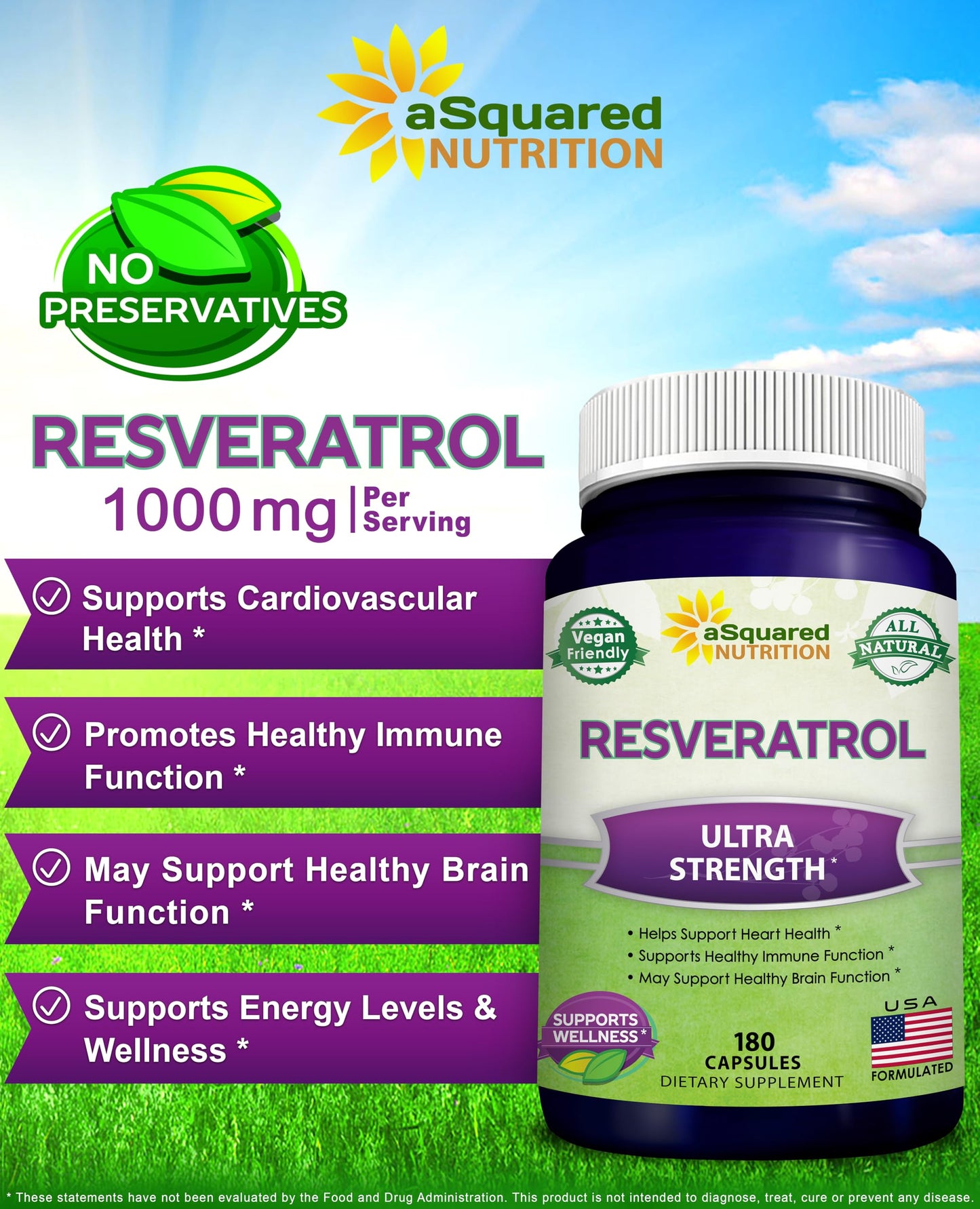 100% Natural Resveratrol - 1000mg Per Serving Max Strength (180 Capsules) Antioxidant Supplement, Trans-Resveratrol Pills aSquared Nutrition