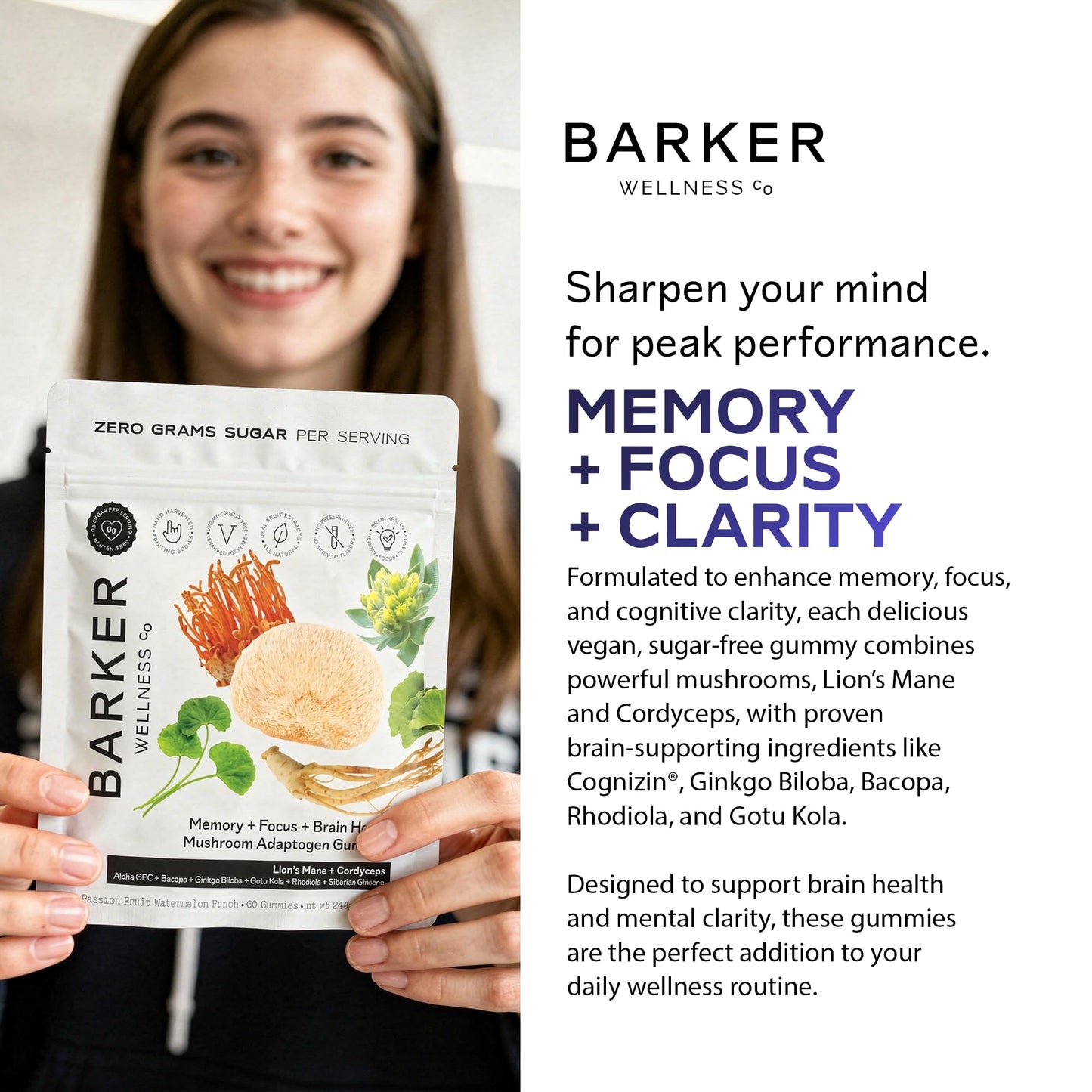 Barker Wellness Mushroom Adaptogen Gummies for Memory & Focus, Brain Health Supplement with Lion's Mane, Cordyceps, Cognizin, Vegan, Sugar-Free Passion Fruit Watermelon Flavor- 60 Count Barker Wellness Co