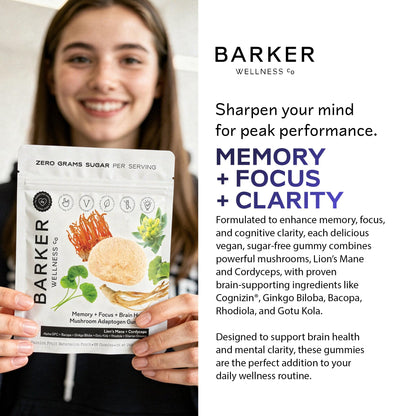 Barker Wellness Mushroom Adaptogen Gummies for Memory & Focus, Brain Health Supplement with Lion's Mane, Cordyceps, Cognizin, Vegan, Sugar-Free Passion Fruit Watermelon Flavor- 60 Count Barker Wellness Co