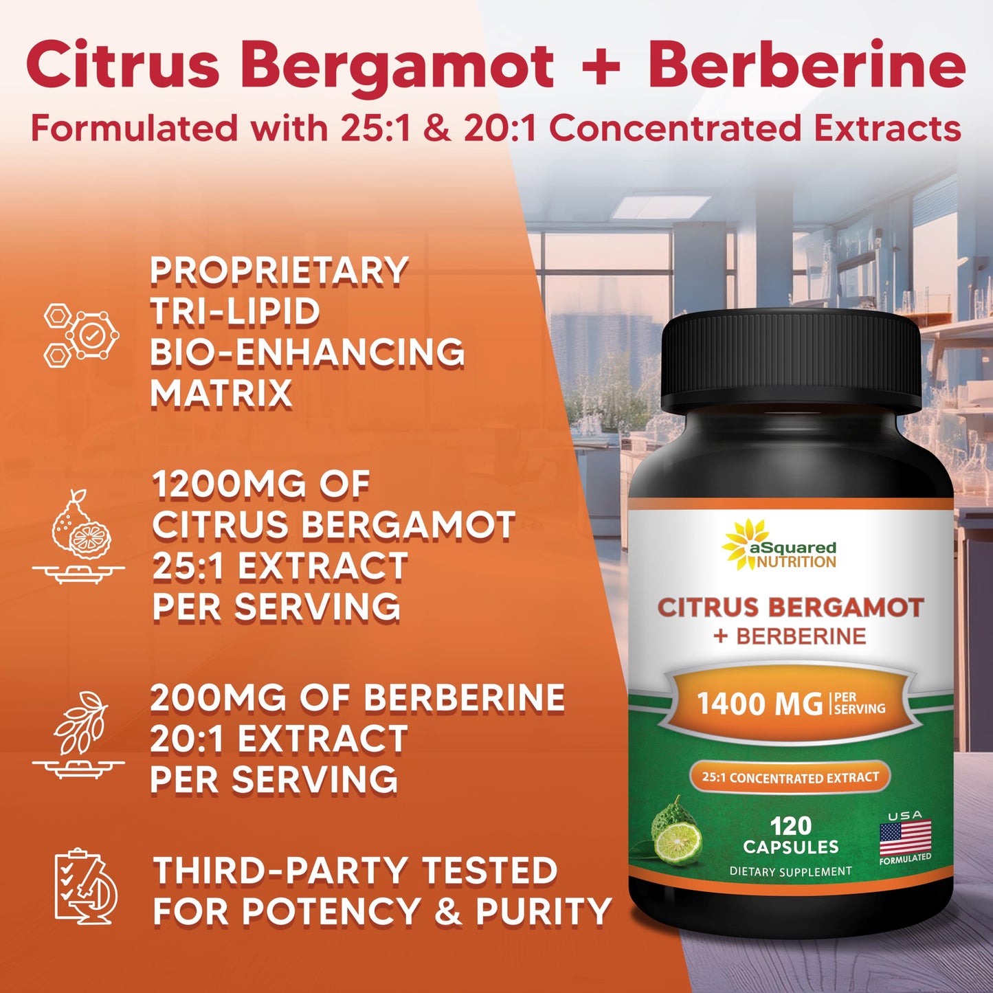 aSquared Nutrition Citrus Bergamot with Berberine Supplement - 1400mg Per Serving Max Strength Complex - 120 Capsules - Supports Cardiovascular Health aSquared Nutrition