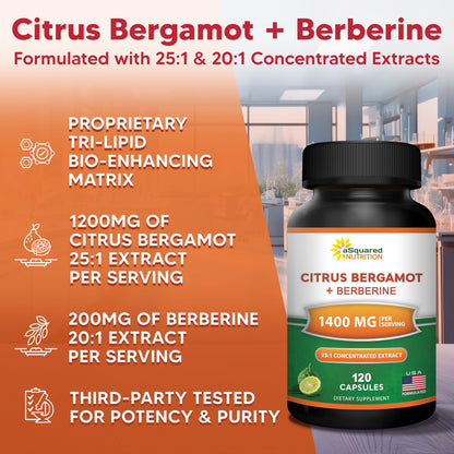 aSquared Nutrition Citrus Bergamot with Berberine Supplement - 1400mg Per Serving Max Strength Complex - 120 Capsules - Supports Cardiovascular Health aSquared Nutrition