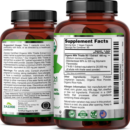 Zazzee USDA Organic Milk Thistle 50:1 Extract, 200 Vegan Capsules | 80% Silymarin Flavonoids, 6+ Month Supply, Silybum Marianum, Liver Support & Detox Support, All-Natural, Non-GMO, Made in USA Gsupps Australia