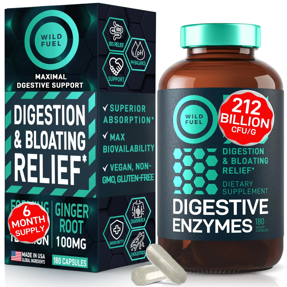Complete Digestive Enzymes for Women & Men - 800mg Vegan Digestive Enzymes and Probiotics Prebiotics - Bloating Support, Gut Health & Digestion Supplement WILD FUEL