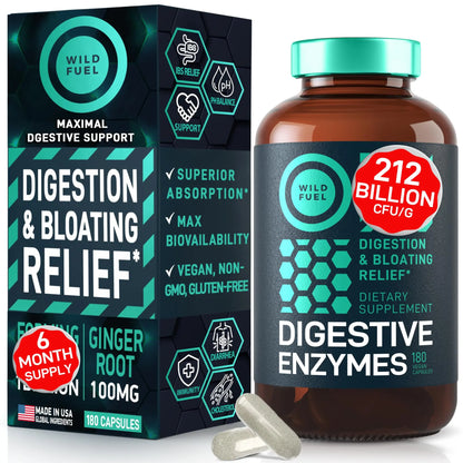 Complete Digestive Enzymes for Women & Men - 800mg Vegan Digestive Enzymes and Probiotics Prebiotics - Bloating Support, Gut Health & Digestion Supplement WILD FUEL