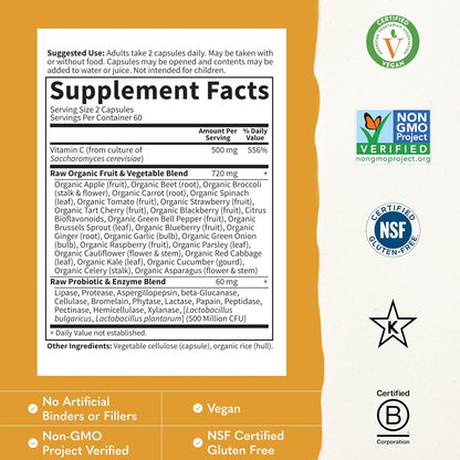 Garden of Life Vitamin Code Raw Vitamin C - 120 Capsules, 500mg Whole Food Vitamin C Capsules + Fruit & Veggie Blend & Probiotics, Supplements for Adults, Vegan, Gluten Free Gsupps Australia