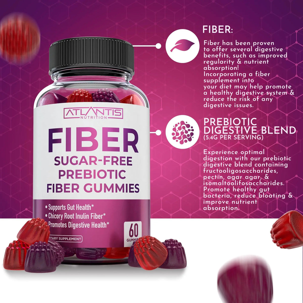 Atlantis Nutrition Sugar Free Fiber Gummies for Adults - 5G Fiber Supplement Formulated with 5.4G Prebiotic Digestive Blend/Serving - Supports Gut Health & Healthy Digestion Atlantis Nutrition