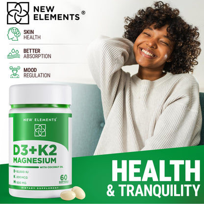 New Elements Vitamin D3 K2 10,000 IU with Magnesium Glycinate 500mg - Bone Health, Immune Support, Energy & Mood - Non-GMO, Gluten-Free New Elements