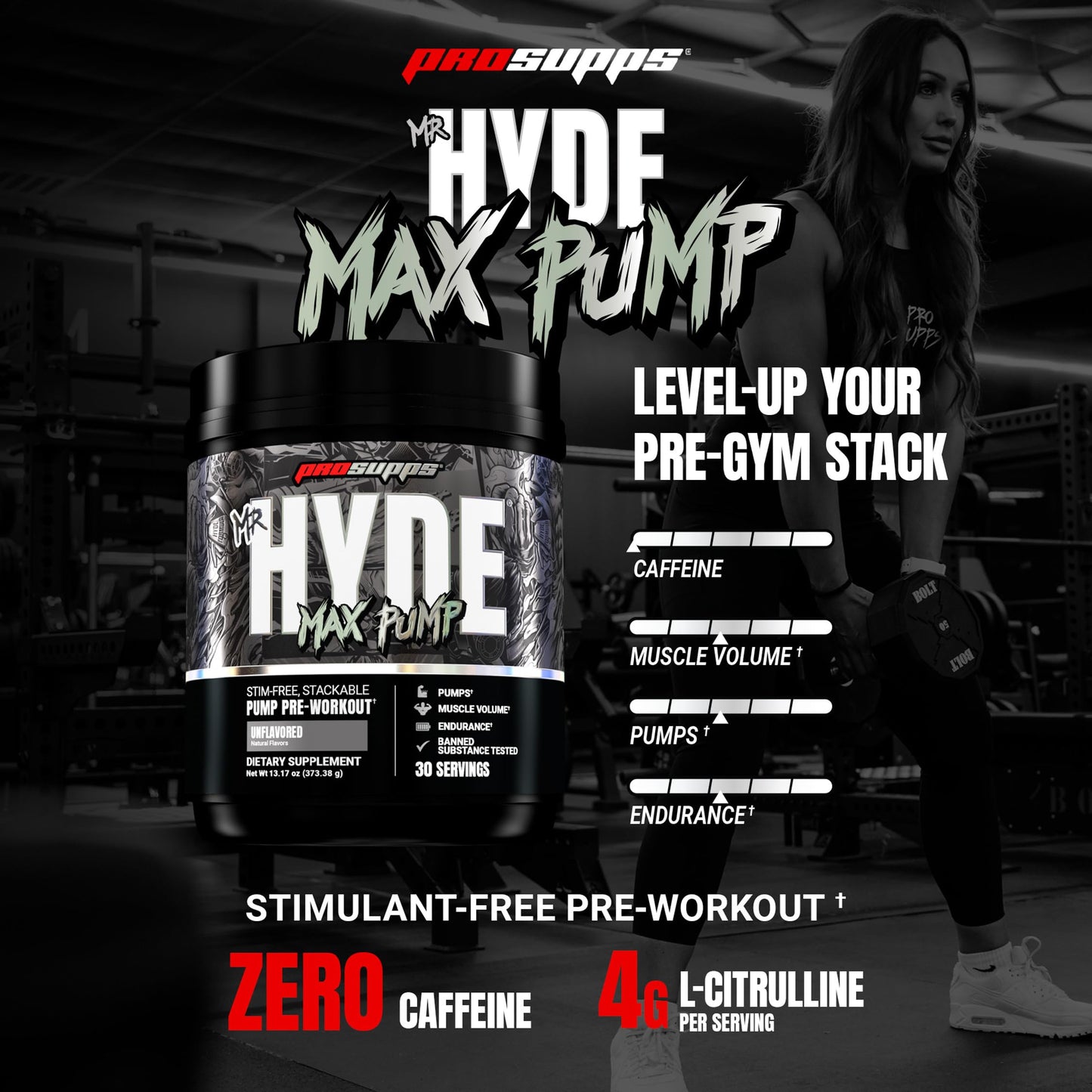 ProSupps Mr. Hyde Max Pump Pre Workout Powder - Stim-Free Preworkout Supports Blood Flow, Muscle Volume & Endurance - Caffeine-Free Nitric Oxide Gym & Fitness Supplements (Blue Razz, 20 Servings)