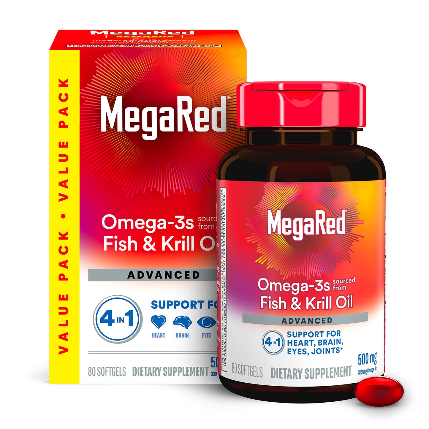 Megared Omega-3 Fish Oil + High Absorption Krill Oil 500mg Softgels, MegaRed Advanced 4in1 (80 count in a bottle) Concentrated Omega-3 Fish MegaRed