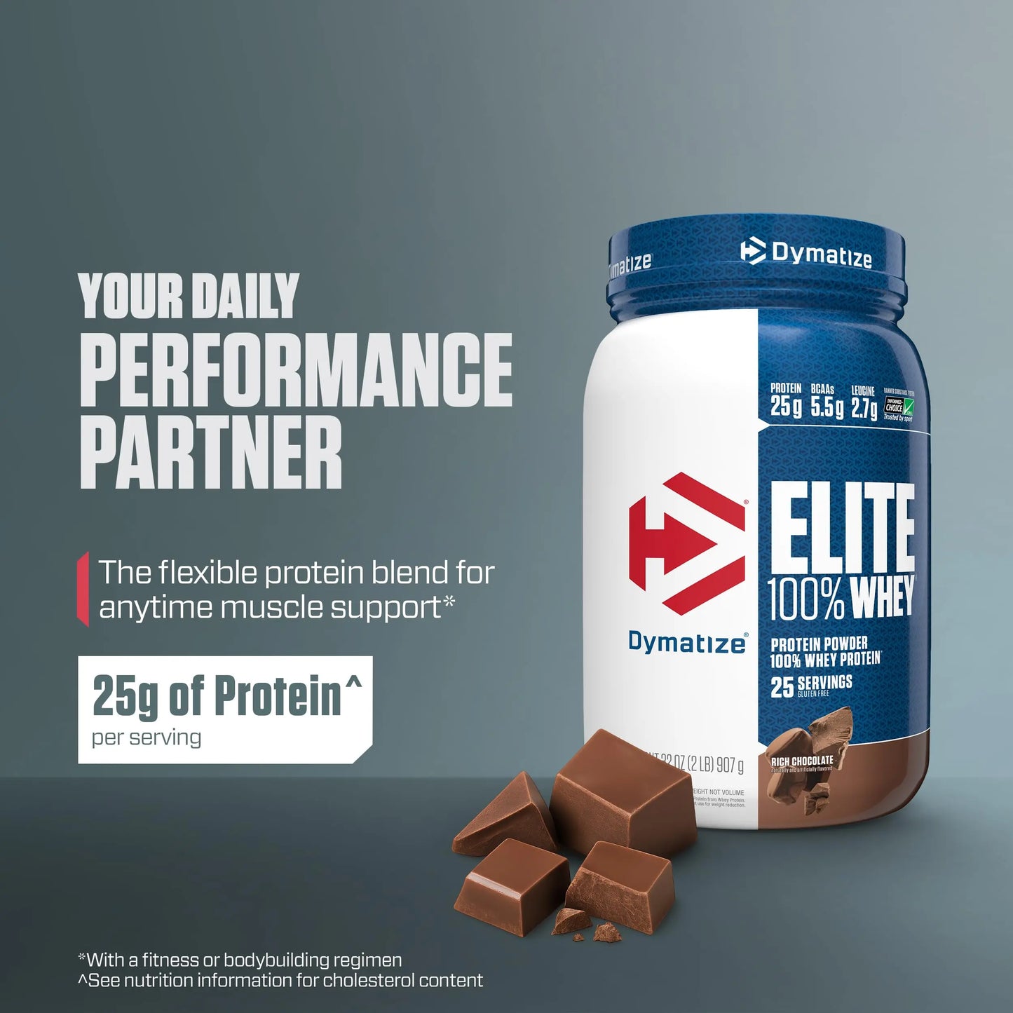 Dymatize Elite 100% Whey Protein Powder, Chocolate, 25g of Protein, 5.5g BCAAs, Less Than 140 Cal., Gluten Free, 3g Carb, 2g Sugar, 3g Fat (25 Servings) Dymatize