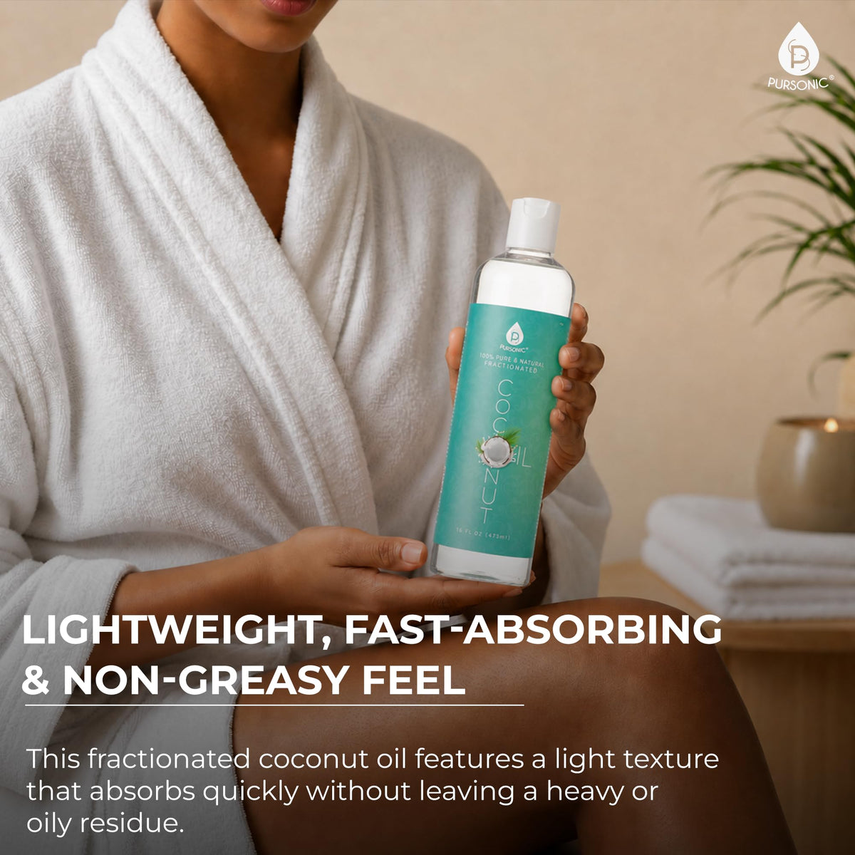 Pursonic Pure Unscented Fractionated Coconut Oil - 16 Oz Multipurpose Oil for Skin, Hair, Body Massage & Makeup Removal - Carrier Oil for Essential Oils and Aromatherapy Pursonic