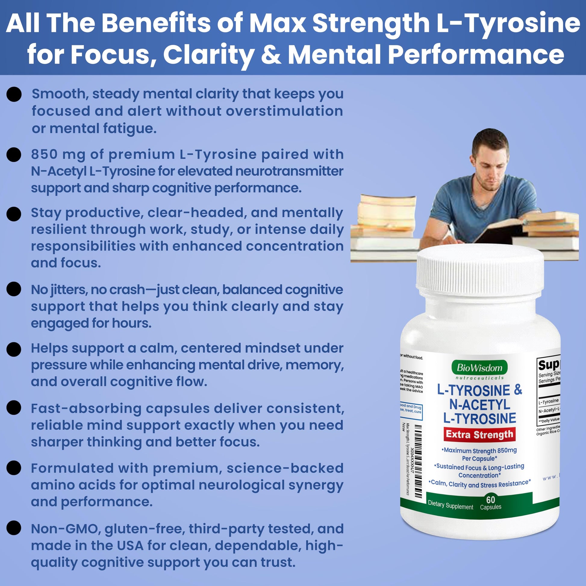 Max Strength L Tyrosine Supplement & N Acetyl L Tyrosine Peak Focus, Alertness, Concentration, Body & Mind Energy. L-Tyrosine 850mg Per 1 Capsule. A Well-Being Nutrient Boost For Performance BioWisdom Nutraceuticals buy australia supplements