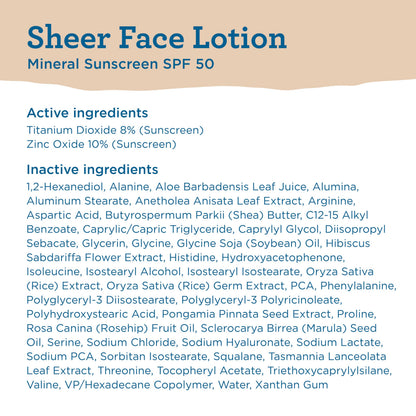 Blue Lizard Sheer Face Mineral SPF 50 Sunscreen Lotion, 100% Mineral Formula, Blue Light Protection, Lightweight, Rubs In Smooth, Nourishes and Hydrates, Paraben-Free, Fragrance-Free, 1.7 fl oz BLUE LIZARD