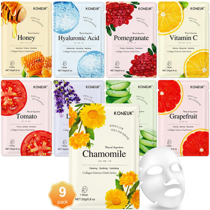 9 Pack Collagen Face Masks Skincare for Women, Hydrating Sheet Face Masks KONEUK