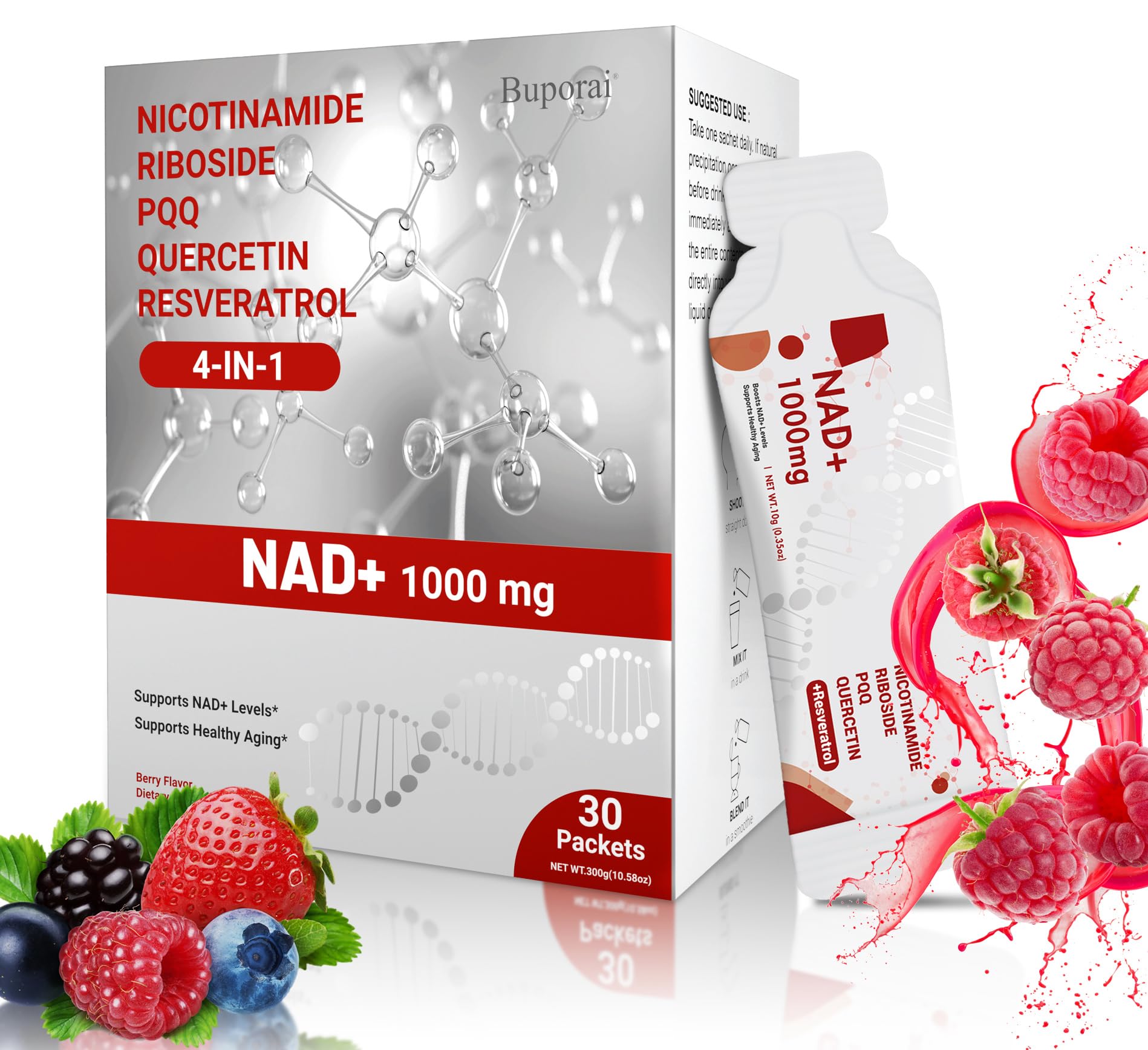 Buporai NAD Supplement 1000 mg Liquid Packets - NAD Supplements for Women & Men with Nicotinamide Riboside, Resveratrol, PQQ, Quercetin - NMNH Supplement Alternative for Anti-Aging, Energy-30 Packets Buporai buy australia supplements