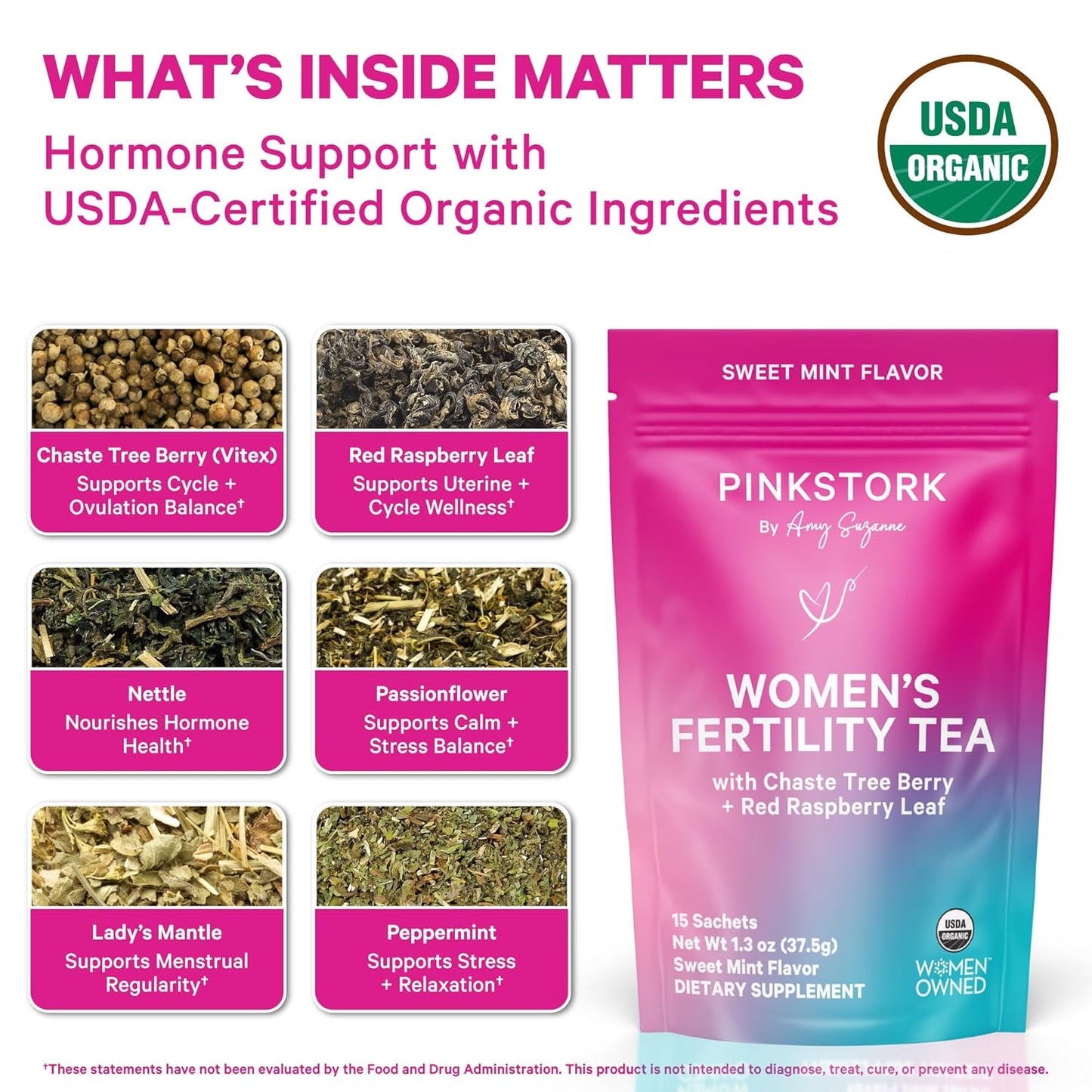 Pink Stork Organic Fertility Tea for Women, Sweet Mint, 15 Sachets | USDA Organic Herbs, Chaste Tree Berry (Vitex), Red Raspberry Leaf, Hormone Balance Support, Caffeine Free, 30 servings