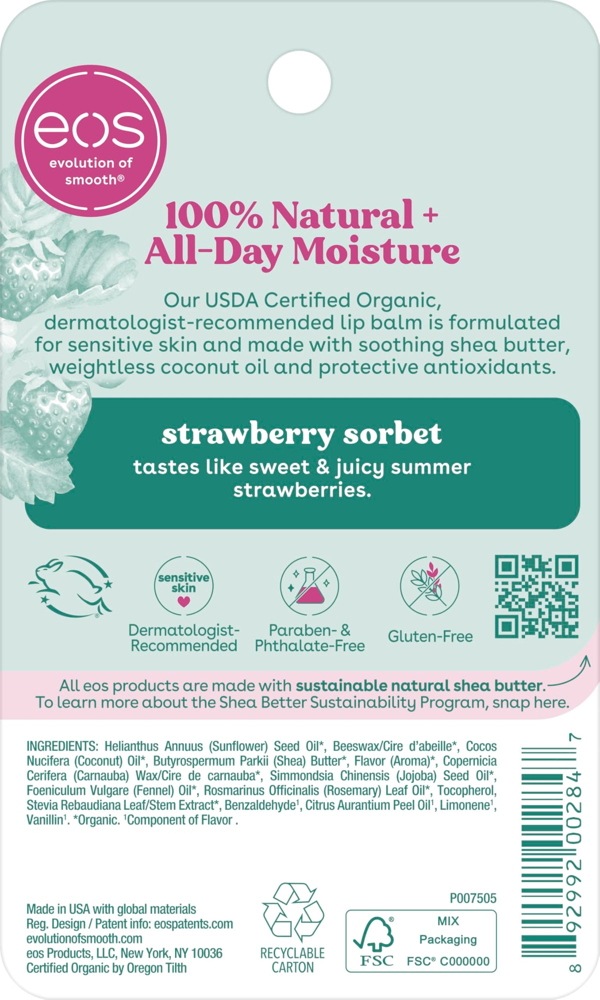 eos 100% Natural & Organic Lip Balm- Strawberry Sorbet, 0.25 oz eos