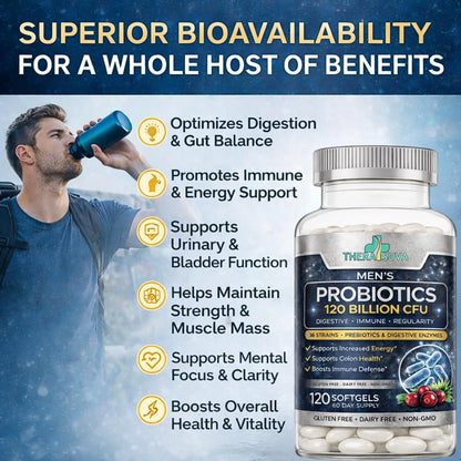 Men’s Advanced Probiotics 120 Billion CFU - 36 Strains + Prebiotics, Enzymes & Veggie Blend for Gut, Immune & Colon Health - 2 Month Supply, 120 Softgels TheraSuva