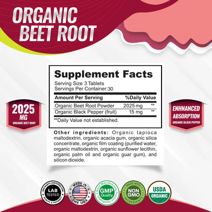 Toplux Organic Beet Root Powder Tablets - 2040mg Natural Nitric Oxide Beets to Support, Energy, Black Pepper Better Absorption, Non-GMO, for Men Women, 90 Tablets Toplux