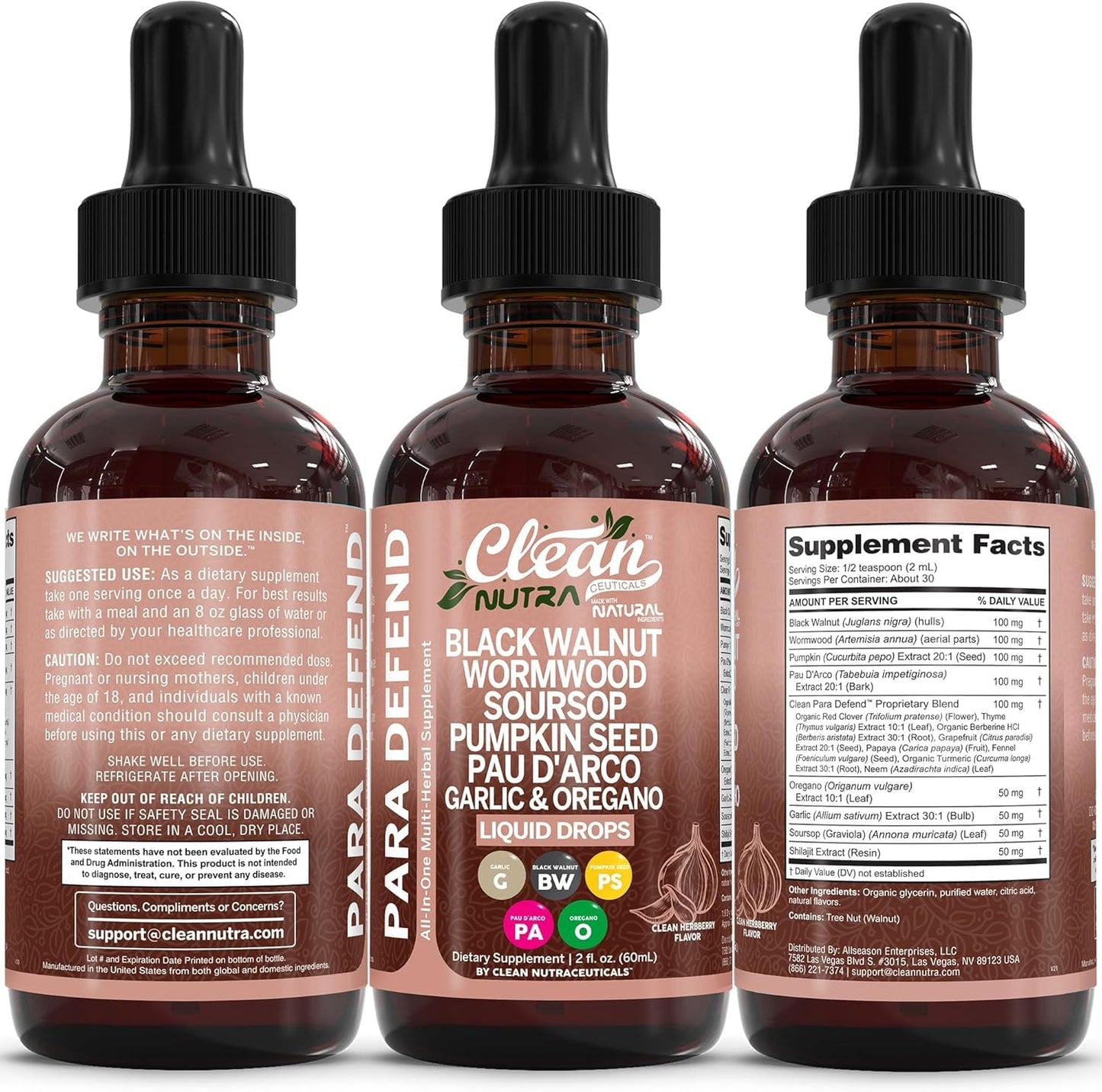 para Defend Wormwood Black Walnut Cleanse for Humans Drops Liquid Soursop Garlic Pumpkin Seed PAU D'Arco Oil of Oregano Turmeric Clean Nutraceuticals