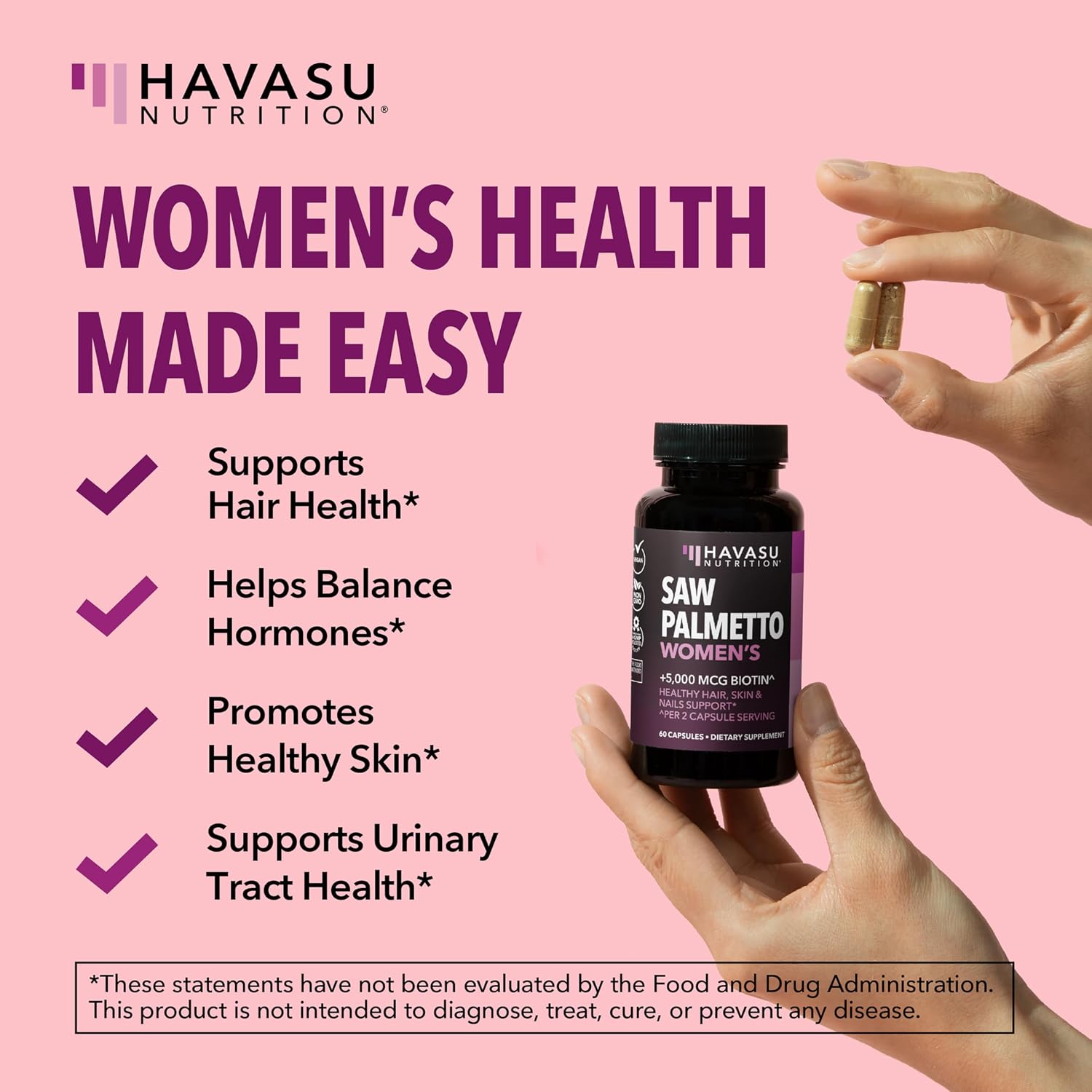 Saw Palmetto for Women with Bitoin 5000mcg Per Serving, 30-Day Supply | Vegan, Non-GMO DHT Blocker for Women for Hair, Skin and Nails, Saw Palmetto Extract with Biotin for Thicker Looking Hair Gsupps Australia