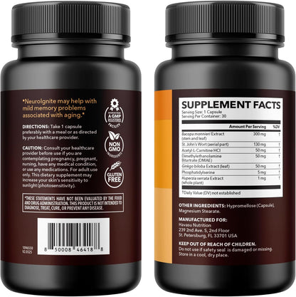 NeuroIGNITE Nootropic Brain Supplement for Memory and Focus, 30 Count | Vegan, Non-GMO Nootropic with Bacopa, Ginkgo Biloba, St. John's Wort for Cognitive Health and Mental Clarity, 30 Servings Gsupps Australia