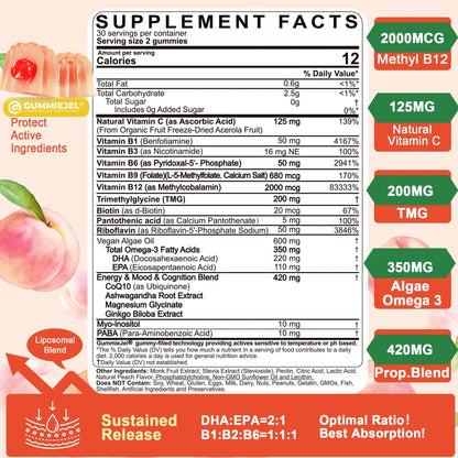 Super Methylated Vitamin B Complex Gummies - All B Vitamins + Omega-3, Magnesium, CoQ10, Ashwagandha,Vitamin C, TMG- For Women Men- Methyl B12 2000 mcg, Methylfolate LILICARE