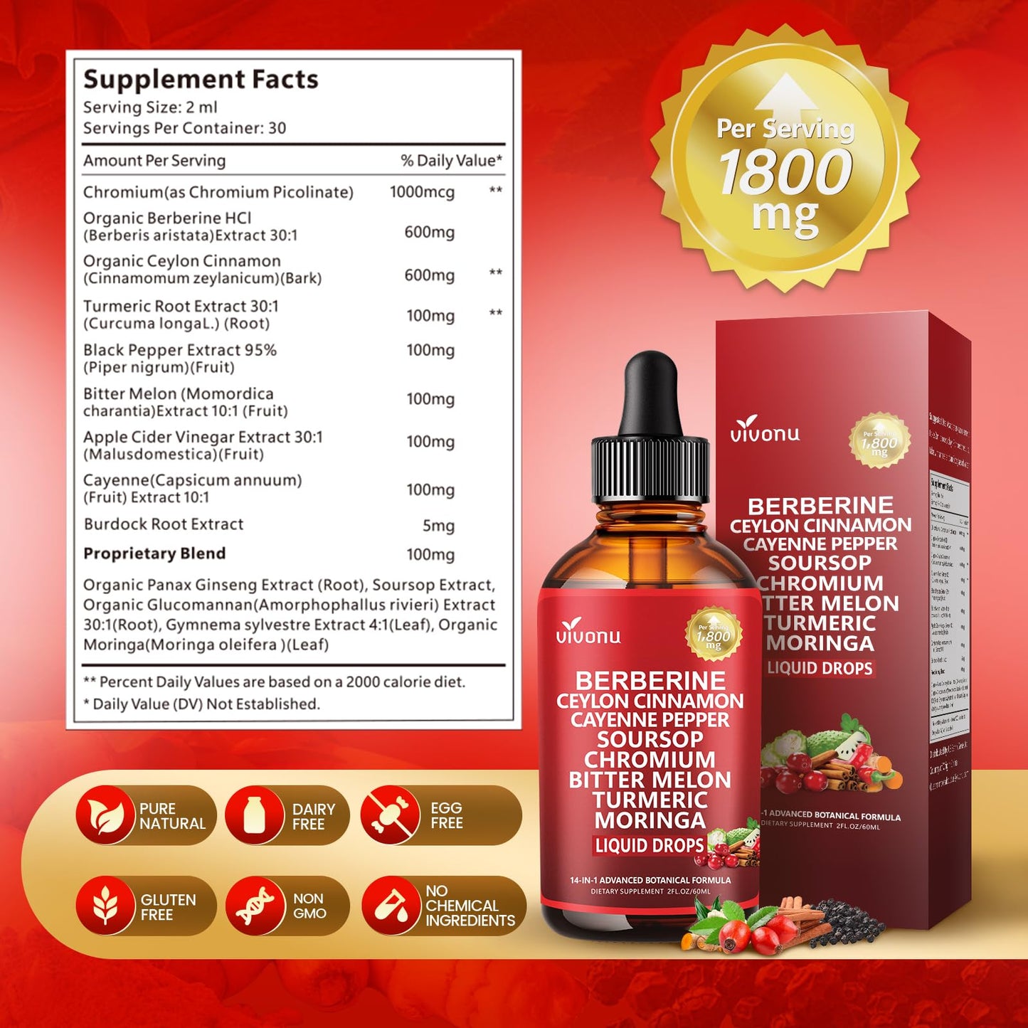 14-in-1 Berberine with Ceylon Cinnamon Supplement Liquid Drops, 1800mg + 30:1 Liposomal Tech with Cayenne Pepper, Soursop, Chromium, Bitter Melon, Turmeric, Moringa, Gymnema VivoNu