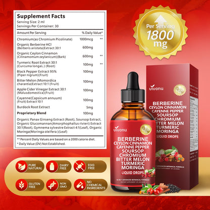 14-in-1 Berberine with Ceylon Cinnamon Supplement Liquid Drops, 1800mg + 30:1 Liposomal Tech with Cayenne Pepper, Soursop, Chromium, Bitter Melon, Turmeric, Moringa, Gymnema VivoNu