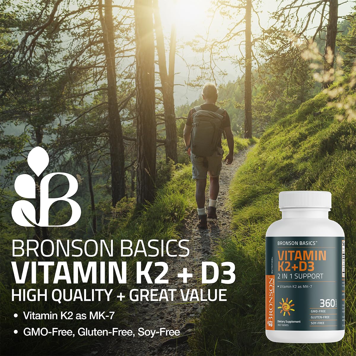 Bronson Vitamin K2 D3 (MK7) Supplement Non-GMO Formula Vitamin D3 5000IU (125 mcg) & 90 mcg K2 MK-7, Easy to Swallow D Bronson