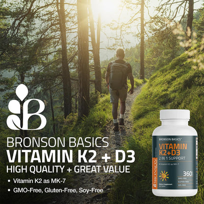 Bronson Vitamin K2 D3 (MK7) Supplement Non-GMO Formula Vitamin D3 5000IU (125 mcg) & 90 mcg K2 MK-7, Easy to Swallow D Bronson