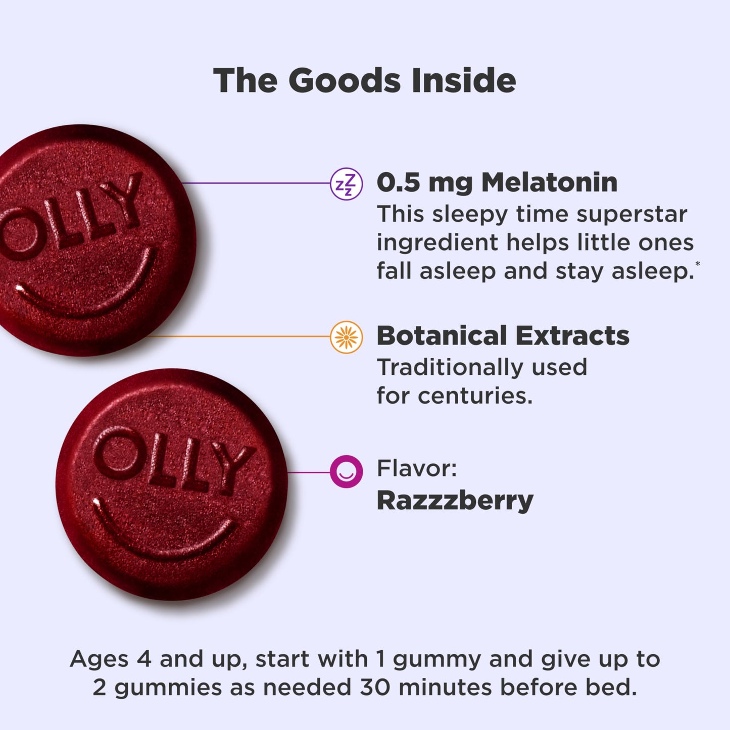 OLLY Kids Sleep Gummies, 0.5mg Melatonin, L Theanine, Chamomile, and Lemon Balm, Raspberry - 70 Count OLLY