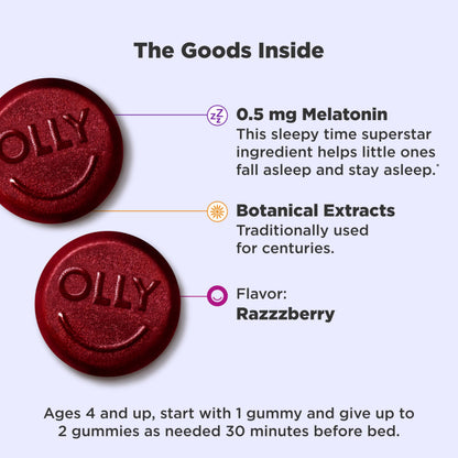 OLLY Kids Sleep Gummies, 0.5mg Melatonin, L Theanine, Chamomile, and Lemon Balm, Raspberry - 70 Count OLLY