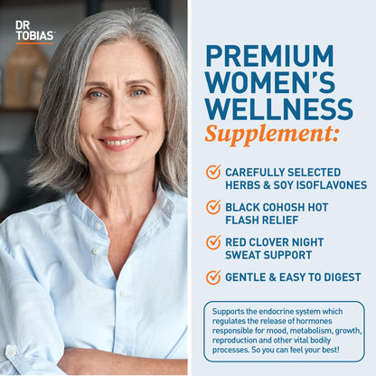Dr. Tobias Menopause Relief with Black Cohosh, Soy Isoflavones, Don Quai, Hot Flash & Night Sweats Relief for Women, Non-GMO Menopause Supplements for Women, 60 Capsules, 30 Servings