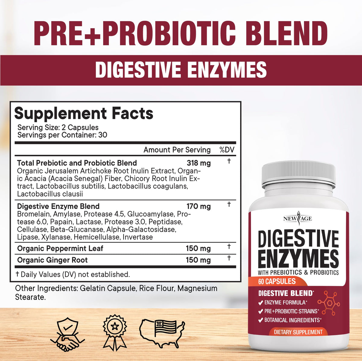 NEW AGE Digestive Enzymes for Gut Health - Probiotic Multi Enzymes with Prebiotics and Probiotics with Lipase for Women and Men for Digestive Health, NEW AGE