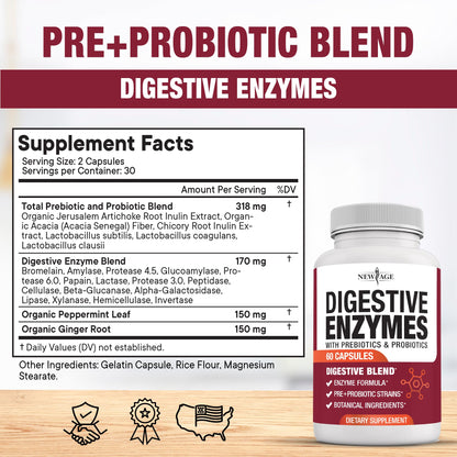 NEW AGE Digestive Enzymes for Gut Health - Probiotic Multi Enzymes with Prebiotics and Probiotics with Lipase for Women and Men for Digestive Health, NEW AGE