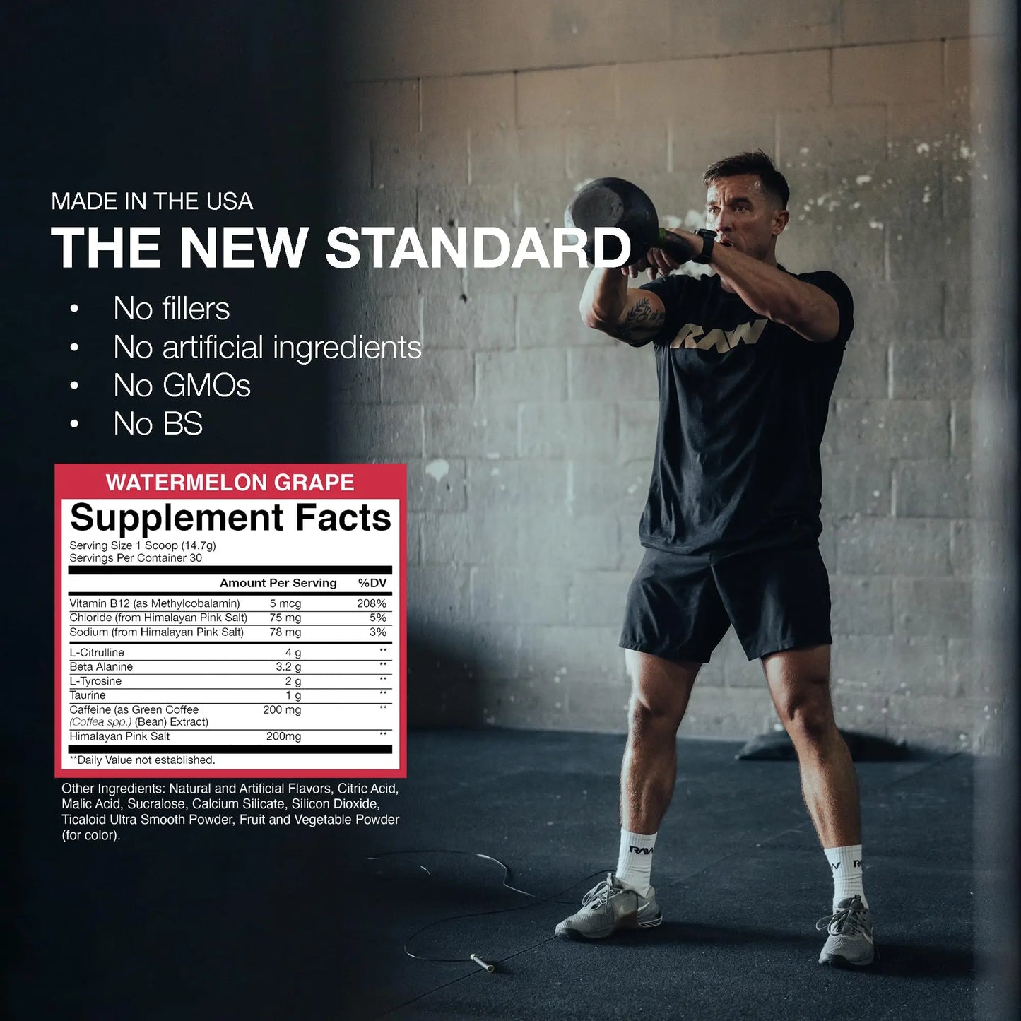 RAW Essential Pre-Workout Powder (Watermelon Grape) - Chris Bumstead Sports Nutrition Supplement for Men & Women - Preworkout Energy Powder with Caffeine, L-Citrulline, RAW