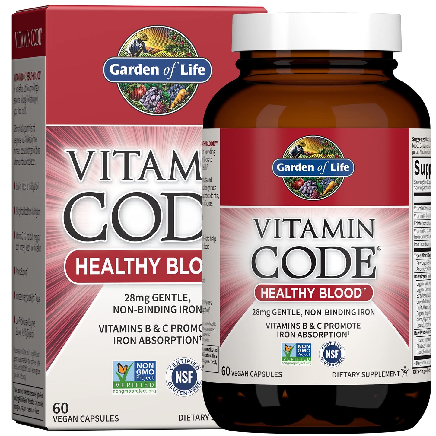 Garden of Life Vitamin Code Healthy Blood - Iron Supplement for Women, 60 Vegan Capsules, with Vitamins B, C, Trace Minerals Garden of Life