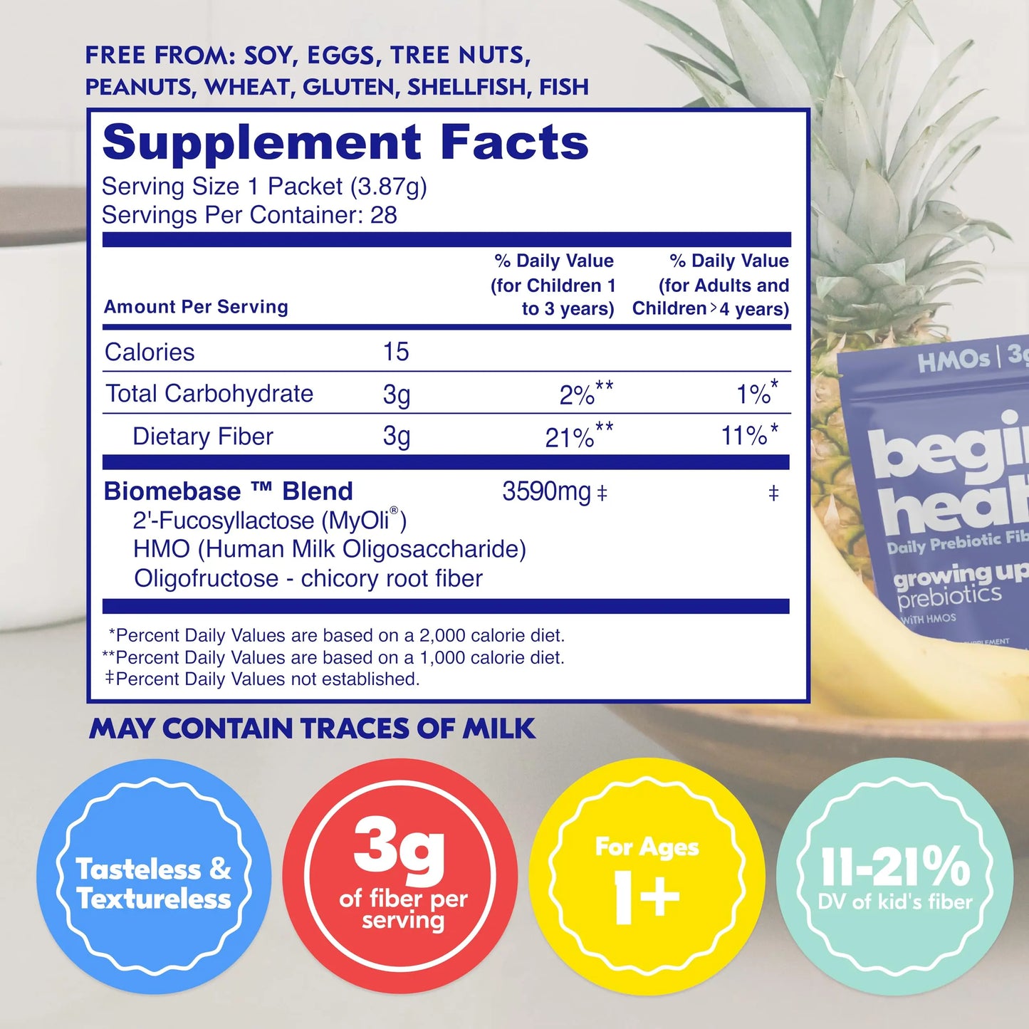 Begin Health Growing Up Prebiotics for Kids 28-Packs | Prebiotic Soluble Powder Stool Softeners and Digestive Gut Health Supplement | Ideal to Mix with Kids Daily Begin Health