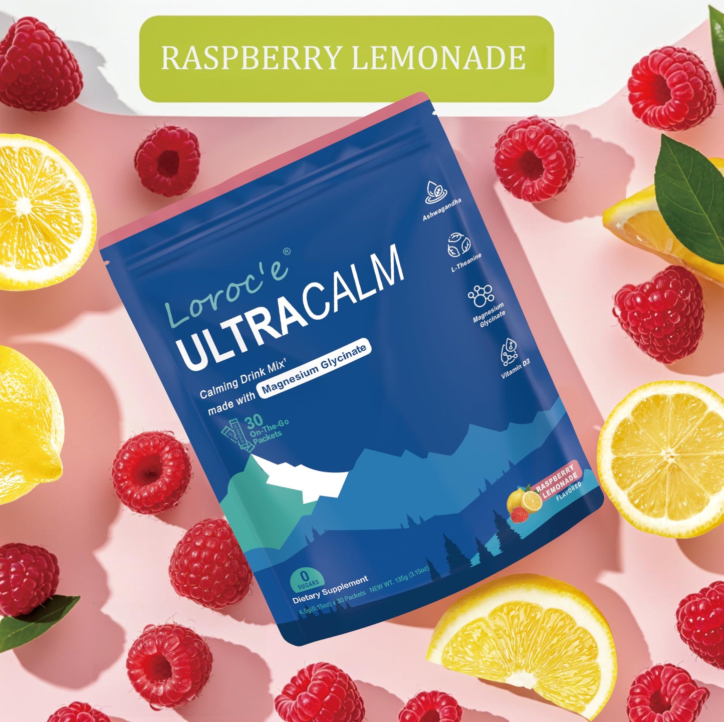 Loroc'e UltraCalm Super Cortisol Reducer Drink, Magnesium Glycinate (30 Servings), L-theanine, Ashwagandha, Vitamin D, No Sugar, Loroc'e