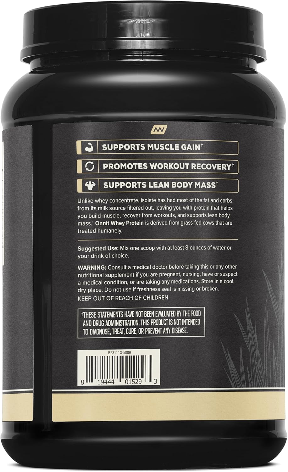 ONNIT Grass Fed Whey Isolate Protein Powder, Vanilla Flavor, Whey Protein Powder Dietary Supplement to Support Muscle Gain and Workout Recovery, 30 Servings per Tub, 30.7 oz