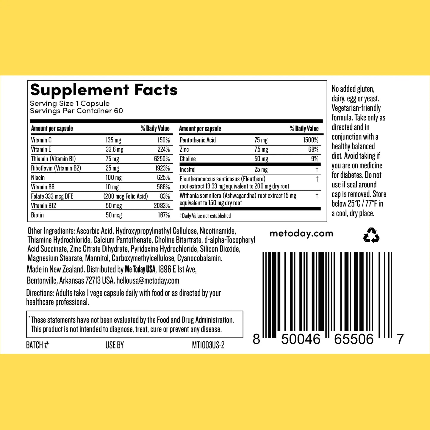 me today Energise Supplement Super B Vitamin B Complex for Men & Women - B6, B12 with Vitamin C, Zinc, Ashwagandha and Siberian Ginseng me today