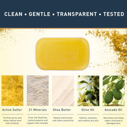 Jericho Dead Sea Sulfur Soap with Olive Oil – Helps with Acne, Blackheads, Itchy & Scaly Skin – For Oily to Normal Skin – Vegan Face & Body Bar for Men & Women, 4.4 Oz / 125 g (Pack of 3) Jericho