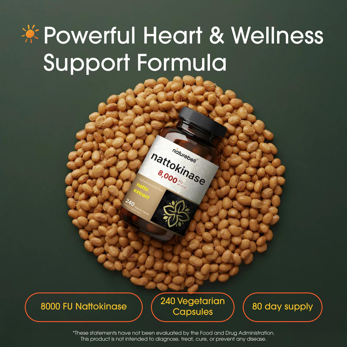 NatureBell Nattokinase - 240 Capsules - 8,000 FU Max Strength from Fermented Natto Extract - for Heart Health NatureBell