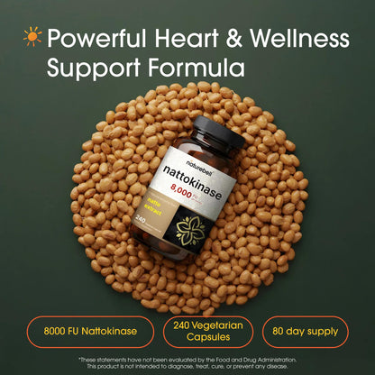 NatureBell Nattokinase - 240 Capsules - 8,000 FU Max Strength from Fermented Natto Extract - for Heart Health NatureBell